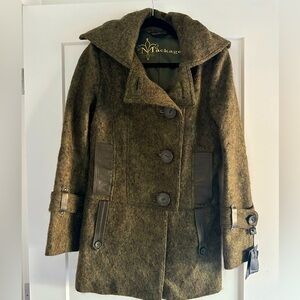 Like-new Vintage Mackage Twiggy wool/cashmere olive pea coat with leather trim.